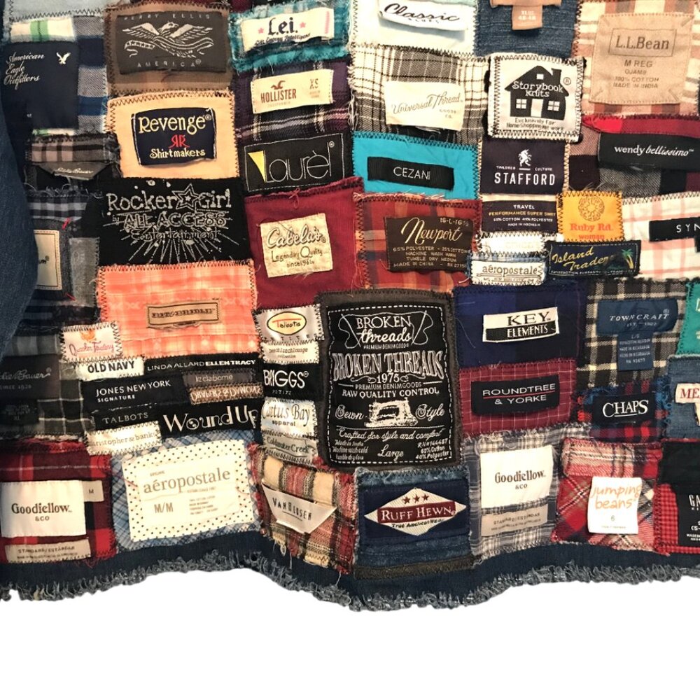 Upcycled Labels Jean Jacket Cropped Shirt Coat, Sewn-On Clothing Labels Sz S - M - Picture 14 of 16